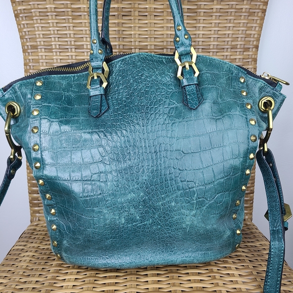 orYANY Dark Green Croc Embossed Gold Studded Leather Handbag With Shoulder Strap - Picture 4 of 16